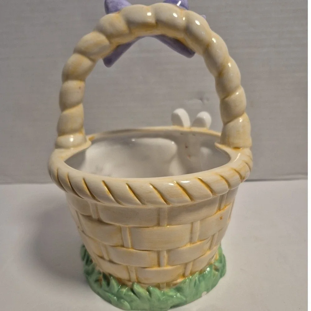 M&M's Ceramic Easter Basket Candy Dish Yellow Red Bunny Ears FTD Multi Vintage